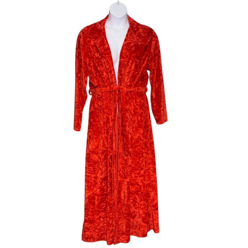 Vintage 70s Cherry Red Long Velour Robe Medium-Large Plush Estate Handmade Glam